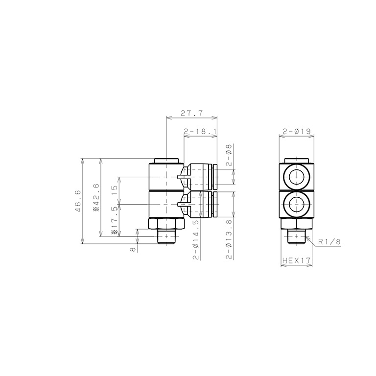 Bản vẽ kỹ thuật Đầu Nối Nhanh Khí Nén Hai Nhánh Cong 90° Thân Lục Giác Trụ Ren Ngoài Pisco SPHW8-01