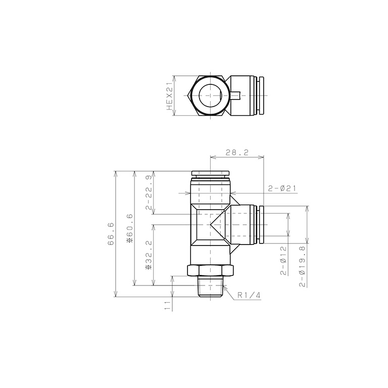 Bản vẽ kỹ thuật Đầu Nối Nhanh Khí Nén Dạng Chữ T Ren Ngoài Pisco SPD12-02