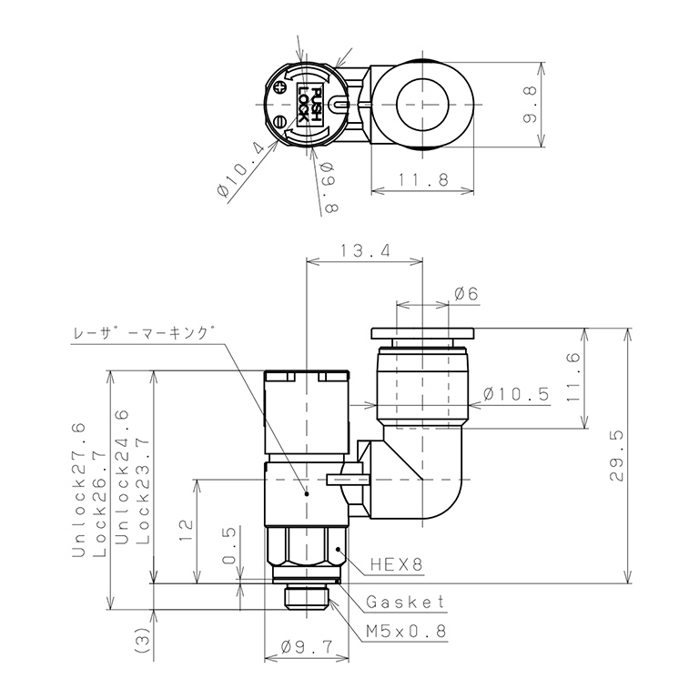 Bản vẽ kỹ thuật Van Tiết Lưu Khí Nén Loại Khóa Đẩy Có Hiển Thị Chỉ Số Pisco JSGS6-M5BW