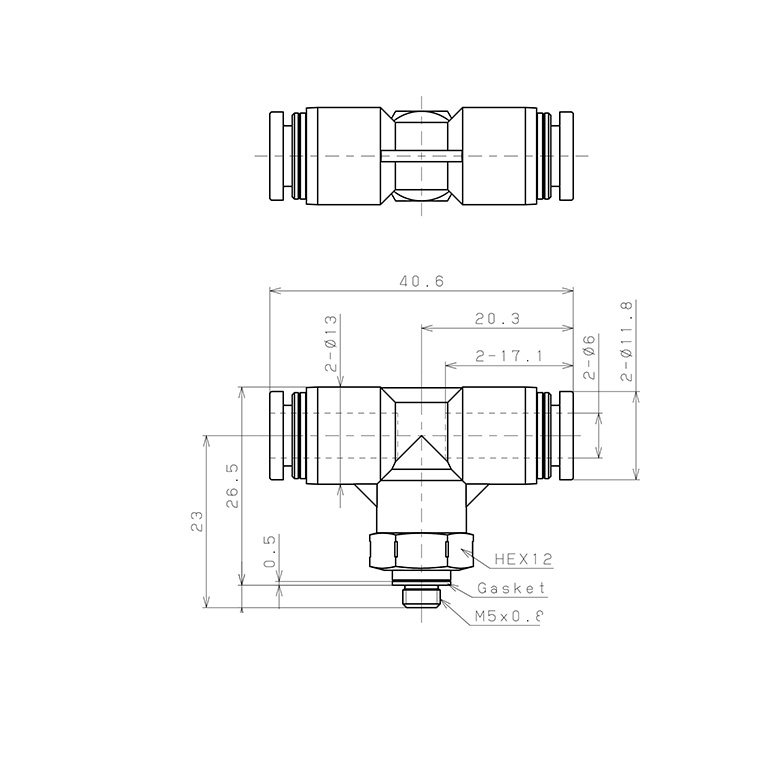 Bản vẽ kỹ thuật Đầu Nối Nhanh Khí Nén Dạng Chữ T Ren Ngoài Pisco PPB6-M5SUS