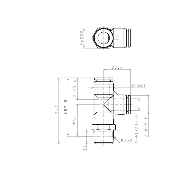 Bản vẽ kỹ thuật Đầu Nối Nhanh Khí Nén Dạng Chữ T Ren Ngoài Pisco PPD1/2-04