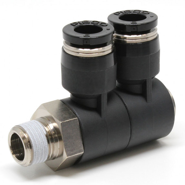 Đầu Nối Nhanh Khí Nén Hai Nhánh Cong 90° Thân Lục Giác Trụ Ren Ngoài Pisco PHW6-01-C