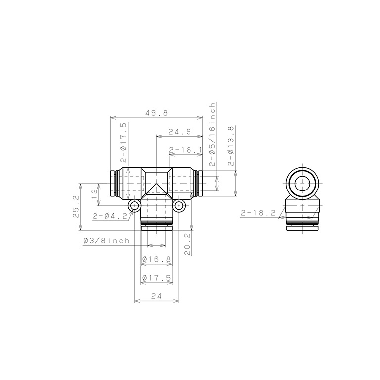 Bản vẽ kỹ thuật Đầu Nối Nhanh Khí Nén Chữ T Dạng Nối Giảm Pisco PEG5/16-3/8