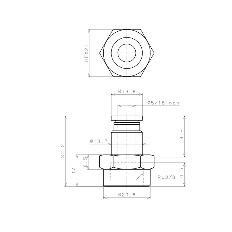 Bản vẽ kỹ thuật Đầu Nối Nhanh Khí Nén Dạng Thẳng Ren Trong Pisco PCF5/16-03-C