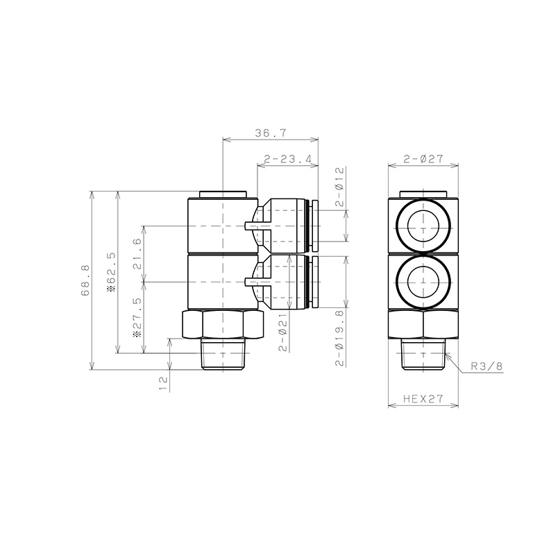 Bản vẽ kỹ thuật Đầu Nối Nhanh Khí Nén Hai Nhánh Cong 90° Thân Lục Giác Trụ Ren Ngoài Pisco PHW12-03W