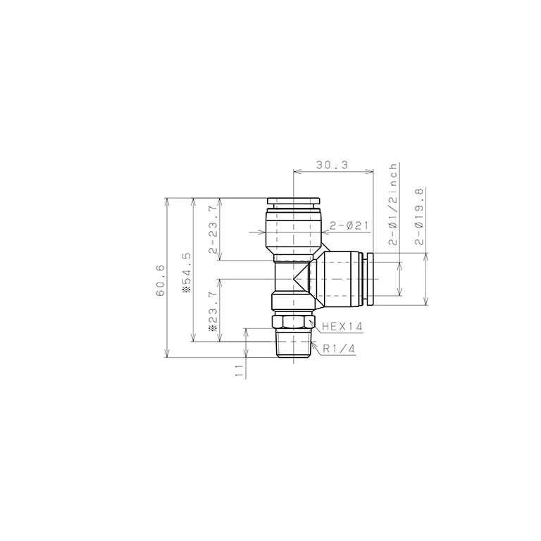 Bản vẽ kỹ thuật Đầu Nối Nhanh Khí Nén Dạng Chữ T Ren Ngoài Pisco PD1/2-02W