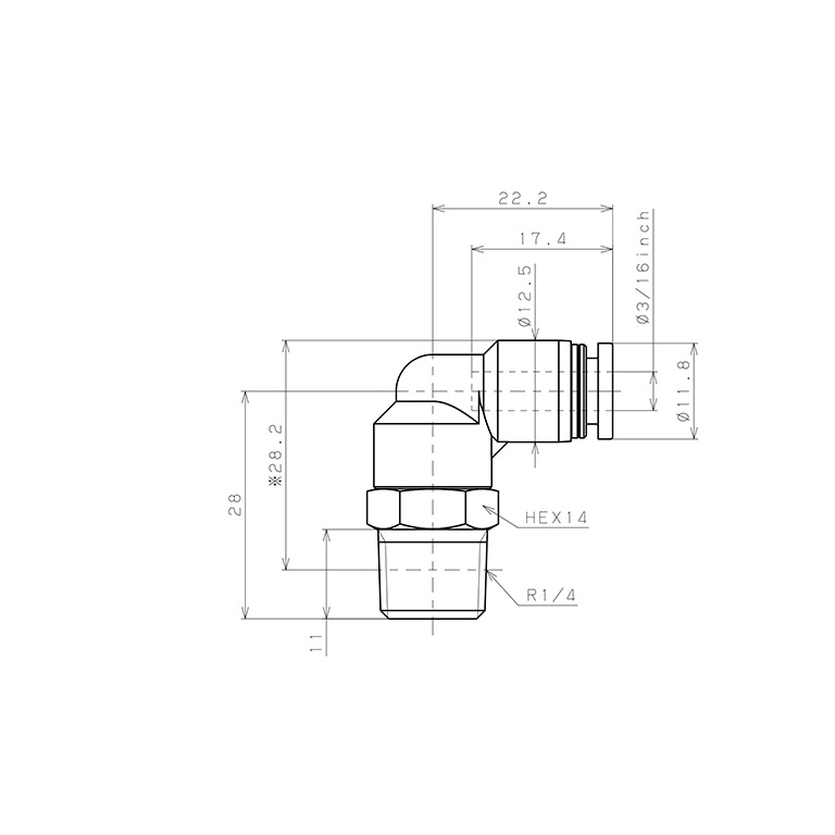 Bản vẽ kỹ thuật Đầu Nối Nhanh Khí Nén Dạng Cong 90° Ren Ngoài Pisco PL3/16-02-C