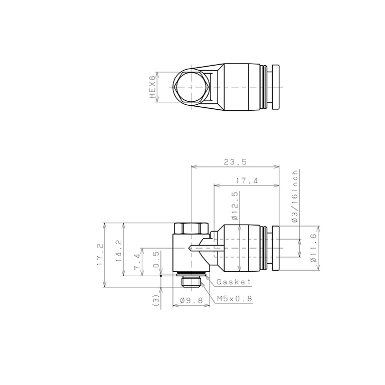 Bản vẽ kỹ thuật Đầu Nối Nhanh Khí Nén Cong 90° Đầu Lục Giác Trụ Ren Ngoài Pisco PH3/16-M5