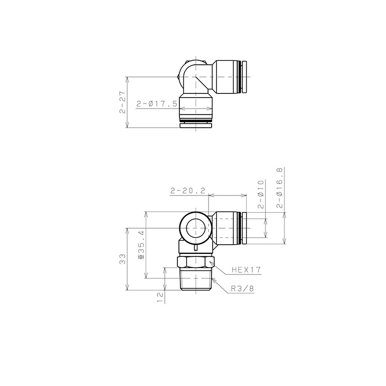 Bản vẽ kỹ thuật Đầu Nối Nhanh Khí Nén Hai Nhánh Chạc Ba Cong 90° Ren Ngoài Pisco PVX10-03