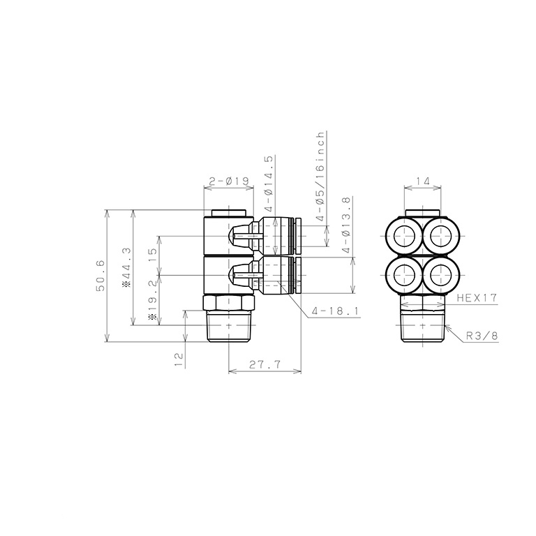 Bản vẽ kỹ thuật Đầu Nối Nhanh Khí Nén Bốn Nhánh Cong 90° Thân Lục Giác Trụ Ren Ngoài Pisco PAW5/16-03