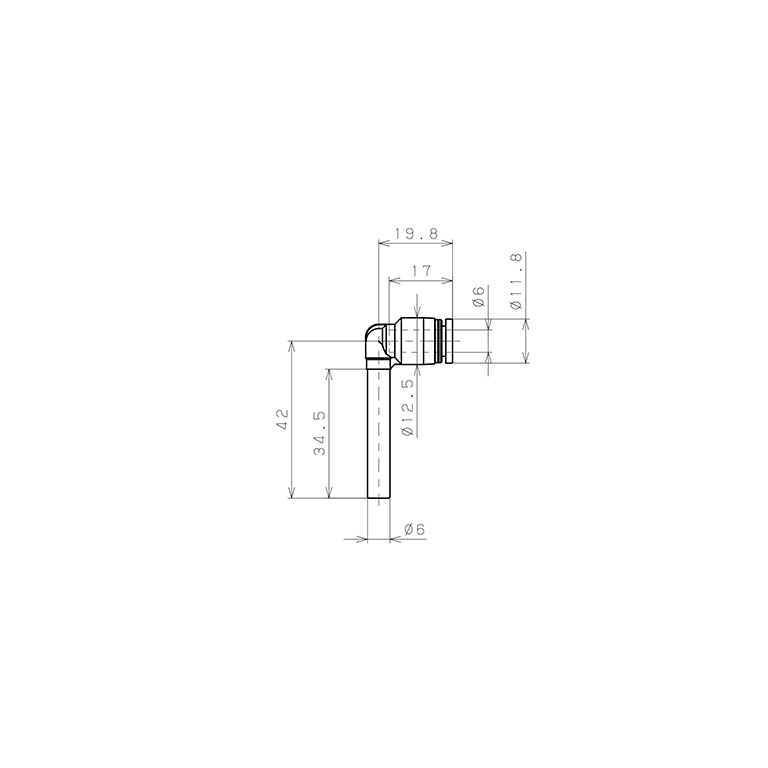 Bản vẽ kỹ thuật Đầu Nối Nhanh Khí Nén Giữa Ống Khí Và Fitting Dạng Cong 90° (Dài) Pisco PLLJ6-C