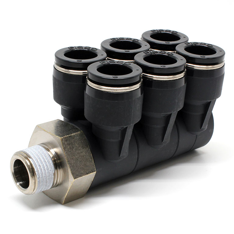Đầu Nối Nhanh Khí Nén Sáu Nhánh Cong 90° Thân Lục Giác Trụ Ren Ngoài Pisco PAT12-03-C