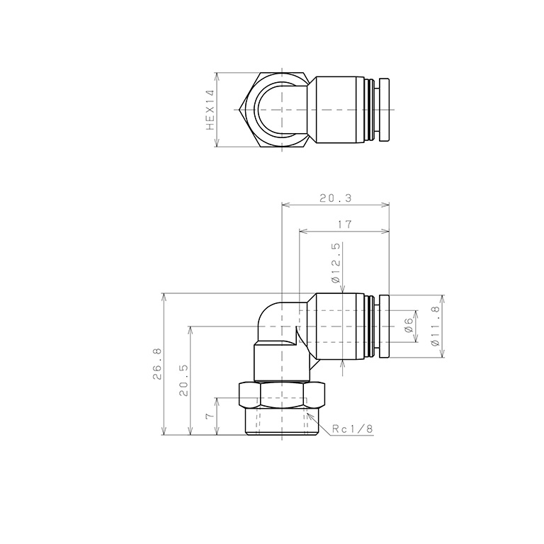 Bản vẽ kỹ thuật Đầu Nối Nhanh Khí Nén Dạng Cong 90° Ren Trong Pisco PLF6-01-UC