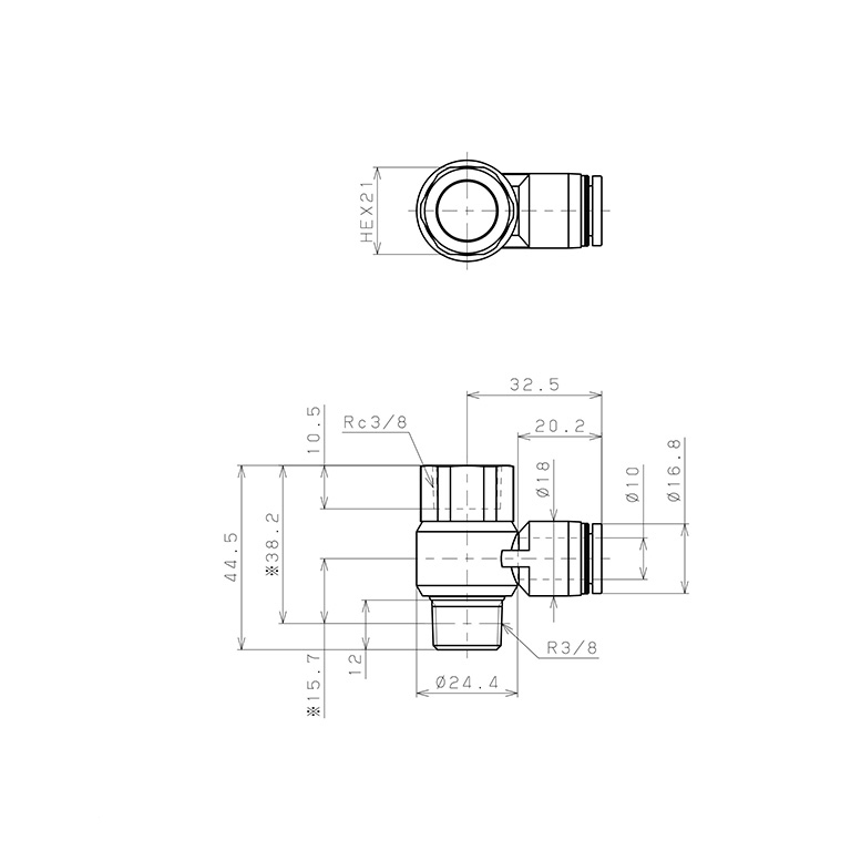 Bản vẽ kỹ thuật Đầu Nối Nhanh Khí Nén Cong 90° Đầu Lục Giác Trụ Ren Đực Cái Pisco PHF10-03W