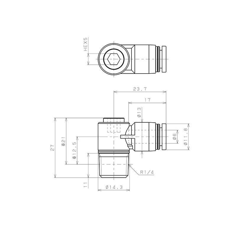 Bản vẽ kỹ thuật Đầu Nối Nhanh Khí Nén Dạng Cong 90° Đầu Lục Giác Chìm Ren Ngoài Pisco POL1/4-N2U