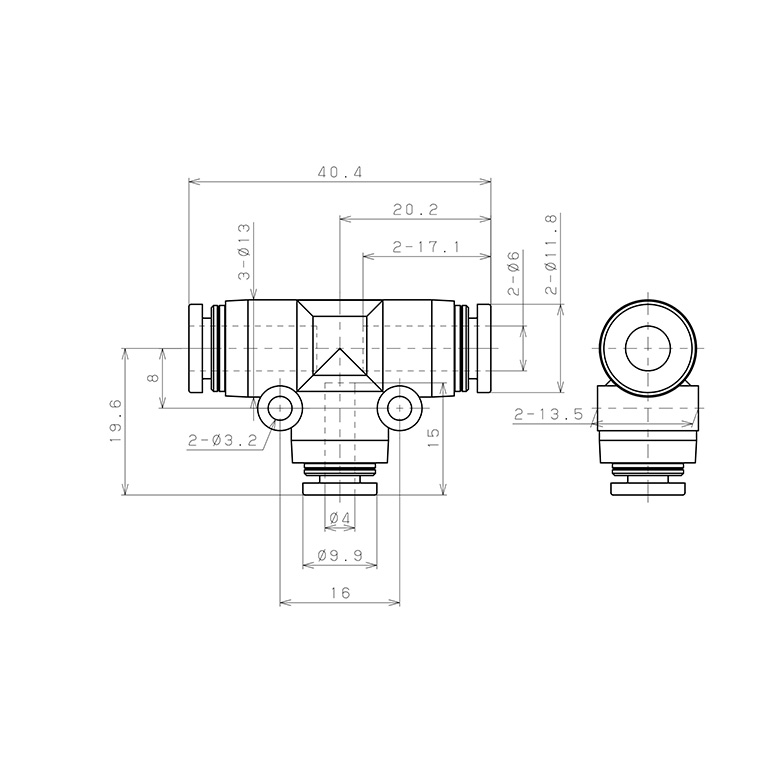 Bản vẽ kỹ thuật Đầu Nối Nhanh Khí Nén Chữ T Dạng Nối Giảm Pisco PEG6-4SUS