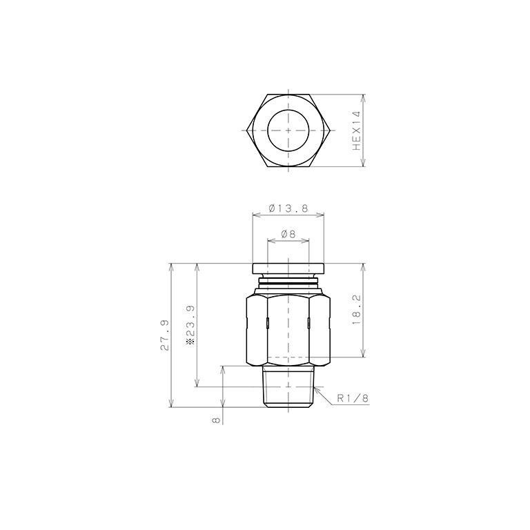 Bản vẽ kỹ thuật Đầu Nối Nhanh Khí Nén Dạng Thẳng Thân Lục Giác Ren Ngoài Pisco PC8-01SUS