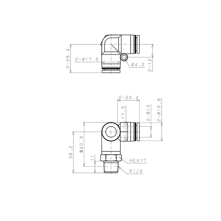 Bản vẽ kỹ thuật Đầu Nối Nhanh Khí Nén Hai Nhánh Chạc Ba Cong 90° Ren Ngoài Pisco PVX10-02SUS