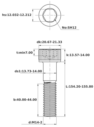 Bản vẽ kỹ thuật Lục Giác Chìm Đầu Trụ Thép Đen 12.9 DIN912 M14x155 Ren Lửng