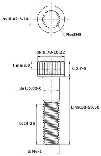 Bản vẽ kỹ thuật Lục Giác Chìm Đầu Trụ Thép Đen 12.9 DIN912 M6x50 Ren Lửng (25Cái/Bịch)