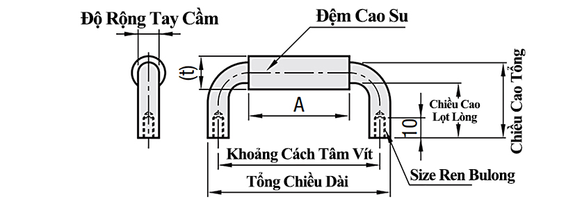 Bản vẽ kỹ thuật Tay Nắm Cửa Chữ U Thép Mạ Chrome Phủ Cao Su  Phi 10 mm x L 200 mm (UWANL10-200-27)