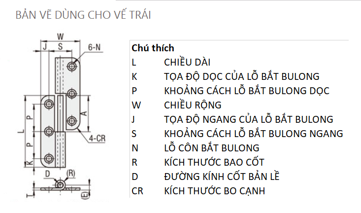 Bản vẽ kỹ thuật Bản Lề Tháo Rời Trái Inox 304 (SHHPSL5-3) L 66 mm