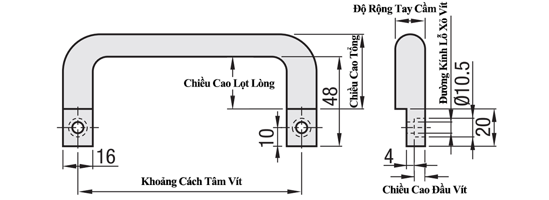 Bản vẽ kỹ thuật Tay Nắm Cửa Chữ U Inox 304 Đánh Bóng Phi 16 mm x L 120 mm (UWANY120)