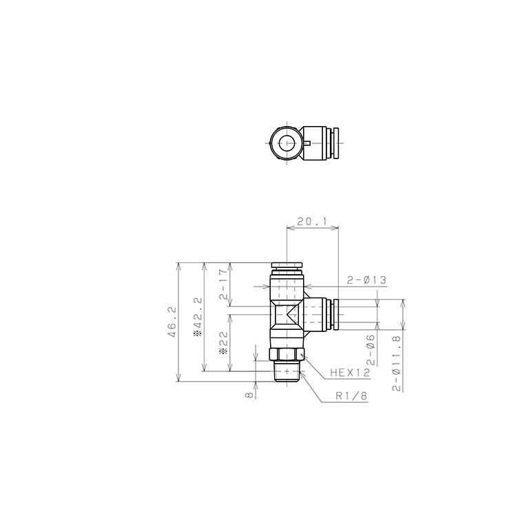 Bản vẽ kỹ thuật Đầu Nối Nhanh Khí Nén Dạng Chữ T Ren Ngoài Pisco SPD6-01