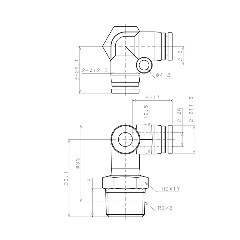 Bản vẽ kỹ thuật Đầu Nối Nhanh Khí Nén Hai Nhánh Chạc Ba Cong 90° Ren Ngoài Pisco SPVX6-03