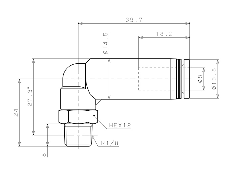 Bản vẽ kỹ thuật Đầu Nối Nhanh Khí Nén Dạng Cong 90° Ren Ngoài Có Van Tự Ngắt Pisco PSL8-01