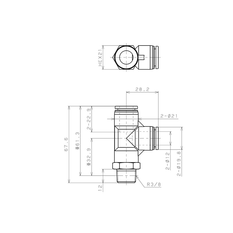 Bản vẽ kỹ thuật Đầu Nối Nhanh Khí Nén Dạng Chữ T Ren Ngoài Pisco SPD12-03