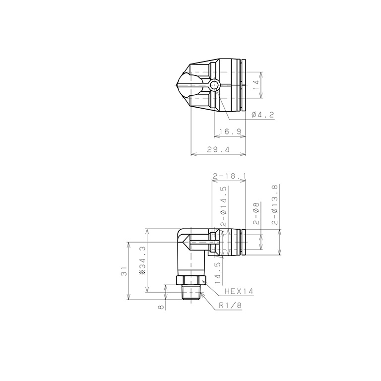 Bản vẽ kỹ thuật Đầu Nối Nhanh Khí Nén Hai Nhánh Cong 90° Ren Ngoài Pisco SPAX8-01