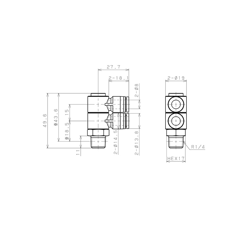 Bản vẽ kỹ thuật Đầu Nối Nhanh Khí Nén Hai Nhánh Cong 90° Thân Lục Giác Trụ Ren Ngoài Pisco SPHW8-02