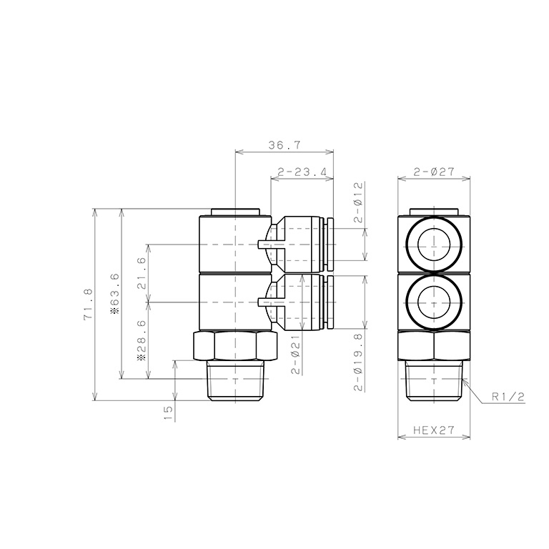 Bản vẽ kỹ thuật Đầu Nối Nhanh Khí Nén Hai Nhánh Cong 90° Thân Lục Giác Trụ Ren Ngoài Pisco SPHW12-04