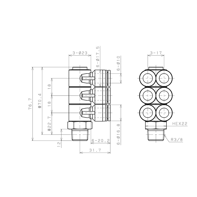 Bản vẽ kỹ thuật Đầu Nối Nhanh Khí Nén Sáu Nhánh Cong 90° Thân Lục Giác Trụ Ren Ngoài Pisco SPAT10-03