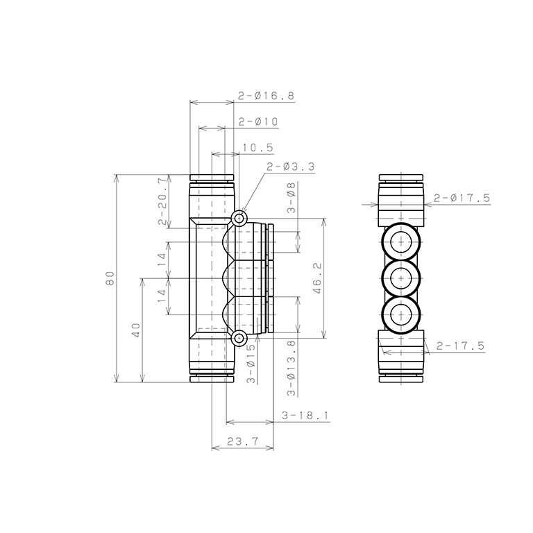 Bản vẽ kỹ thuật Đầu Nối Nhanh Khí Nén Chữ T 5 Ngã Dạng Nối Giảm Pisco SPKG10-8