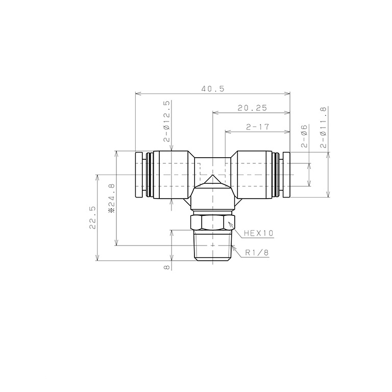 Bản vẽ kỹ thuật Đầu Nối Nhanh Khí Nén Dạng Chữ T Ren Ngoài Pisco PB6-01W-C