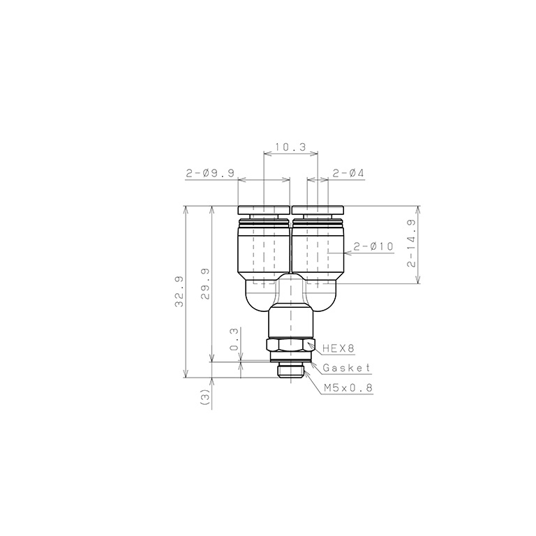 Bản vẽ kỹ thuật Đầu Nối Nhanh Khí Nén Dạng Chữ Y Ren Ngoài Pisco PX4-M5W-C