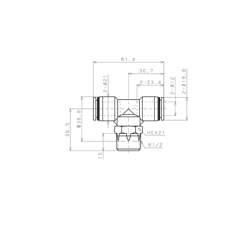 Bản vẽ kỹ thuật Đầu Nối Nhanh Khí Nén Dạng Chữ T Ren Ngoài Pisco PB12-04W-C