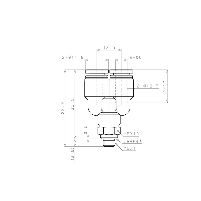 Bản vẽ kỹ thuật Đầu Nối Nhanh Khí Nén Dạng Chữ Y Ren Ngoài Pisco PX6-M6-C