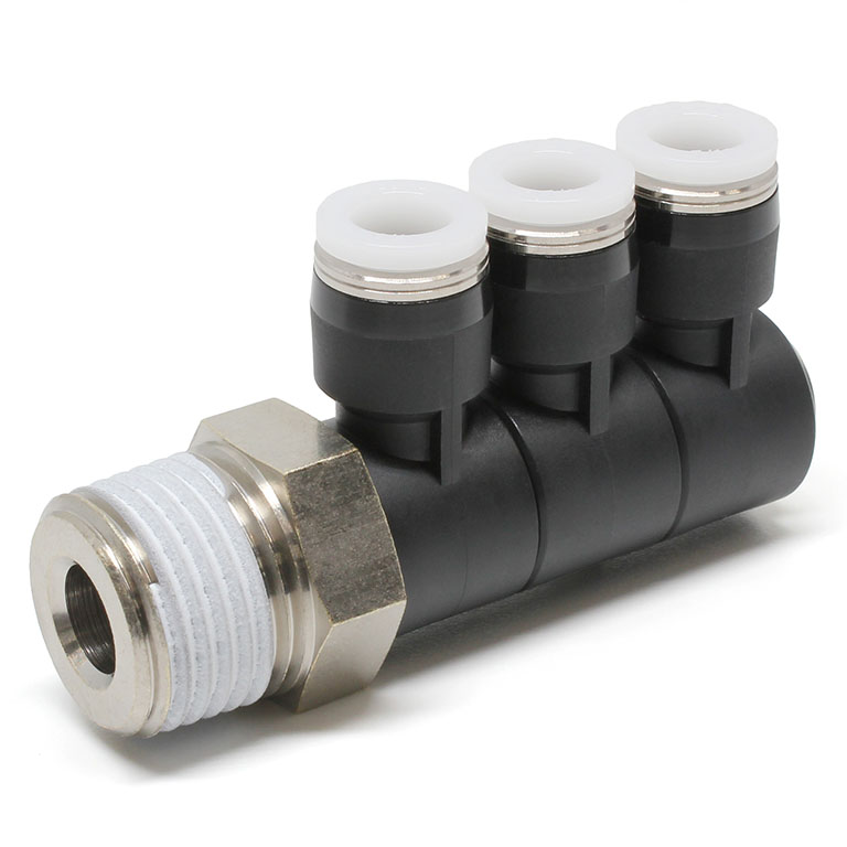 Đầu Nối Nhanh Khí Nén Ba Nhánh Cong 90° Thân Lục Giác Trụ Ren Ngoài Pisco PHT5/16-04