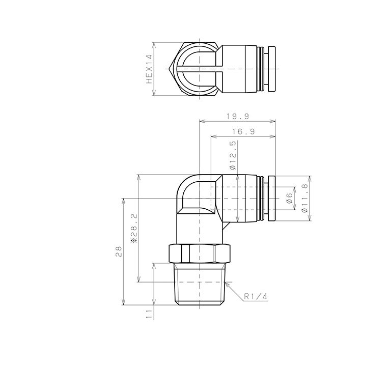Bản vẽ kỹ thuật Đầu Nối Nhanh Khí Nén Dạng Cong 90° Ren Ngoài Pisco PPL6-02-C