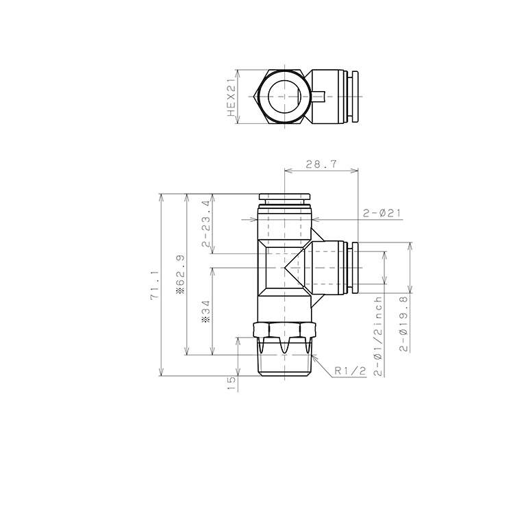 Bản vẽ kỹ thuật Đầu Nối Nhanh Khí Nén Dạng Chữ T Ren Ngoài Pisco PPD1/2-04SUS-F