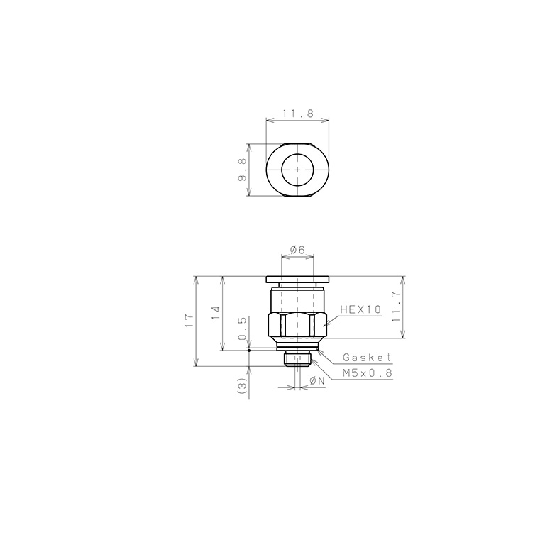Bản vẽ kỹ thuật Đầu Nối Nhanh Khí Nén Lỗ Trích Khí Nhỏ Pisco PC6-M5M-0.3