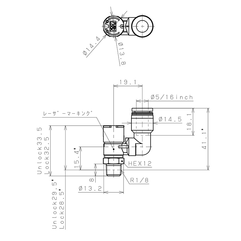 Bản vẽ kỹ thuật Van Tiết Lưu Khí Nén Loại Khóa Đẩy Có Hiển Thị Chỉ Số Pisco JSGS5/16-01ALW