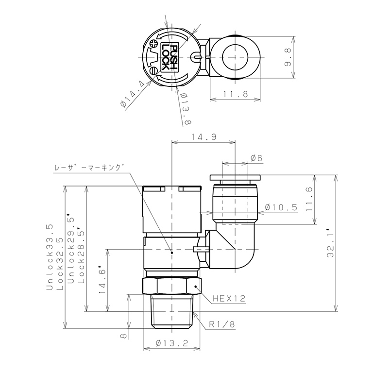 Bản vẽ kỹ thuật Van Tiết Lưu Khí Nén Loại Khóa Đẩy Có Hiển Thị Chỉ Số Pisco JSGS6-01BW