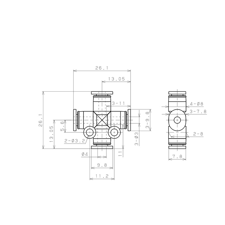 Bản vẽ kỹ thuật Đầu Nối Nhanh Khí Nén Ngã 4 Dạng Nối Giảm Pisco PZC4-3M