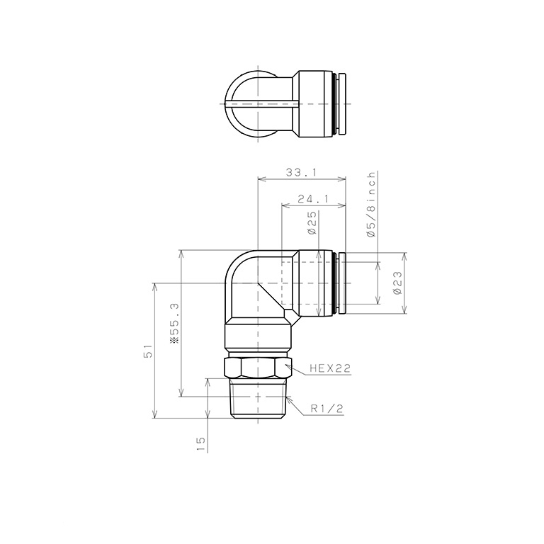 Bản vẽ kỹ thuật Đầu Nối Nhanh Khí Nén Dạng Cong 90° Ren Ngoài Pisco PL5/8-04-C