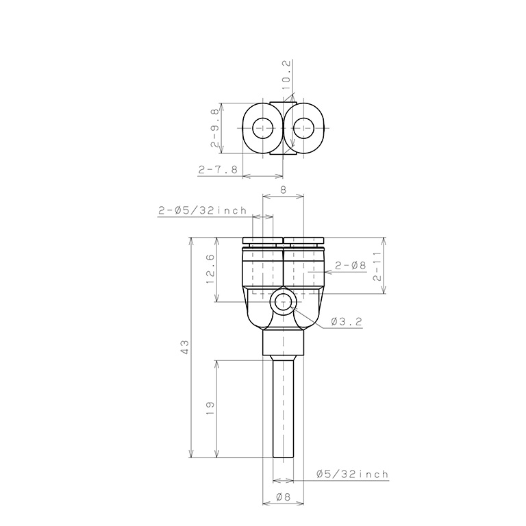 Bản vẽ kỹ thuật Đầu Nối Nhanh Khí Nén Giữa Ống Khí Và Fitting Dạng Chữ Y Pisco PYJ5/32M