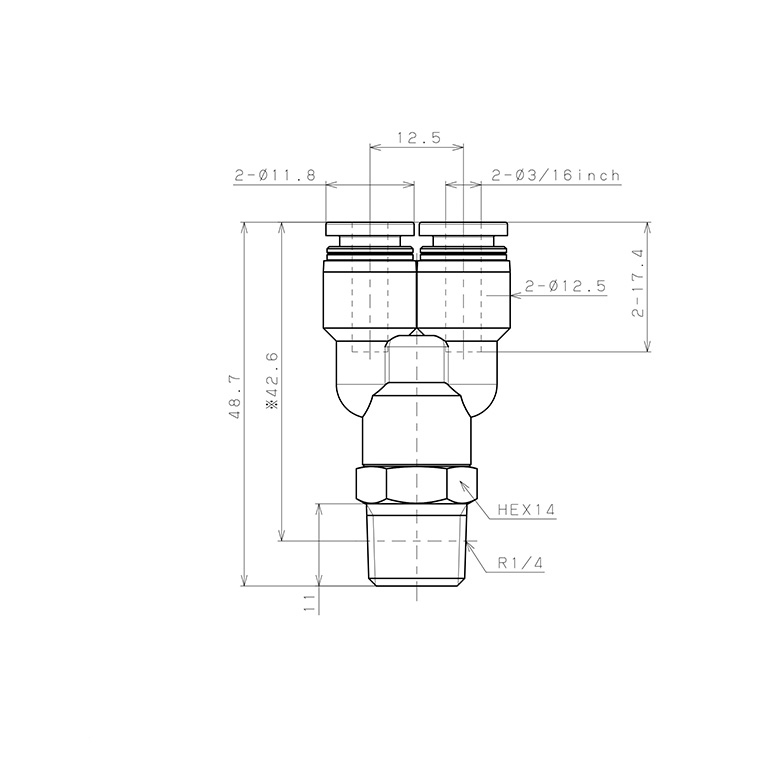 Bản vẽ kỹ thuật Đầu Nối Nhanh Khí Nén Dạng Chữ Y Ren Ngoài Pisco PX3/16-02W